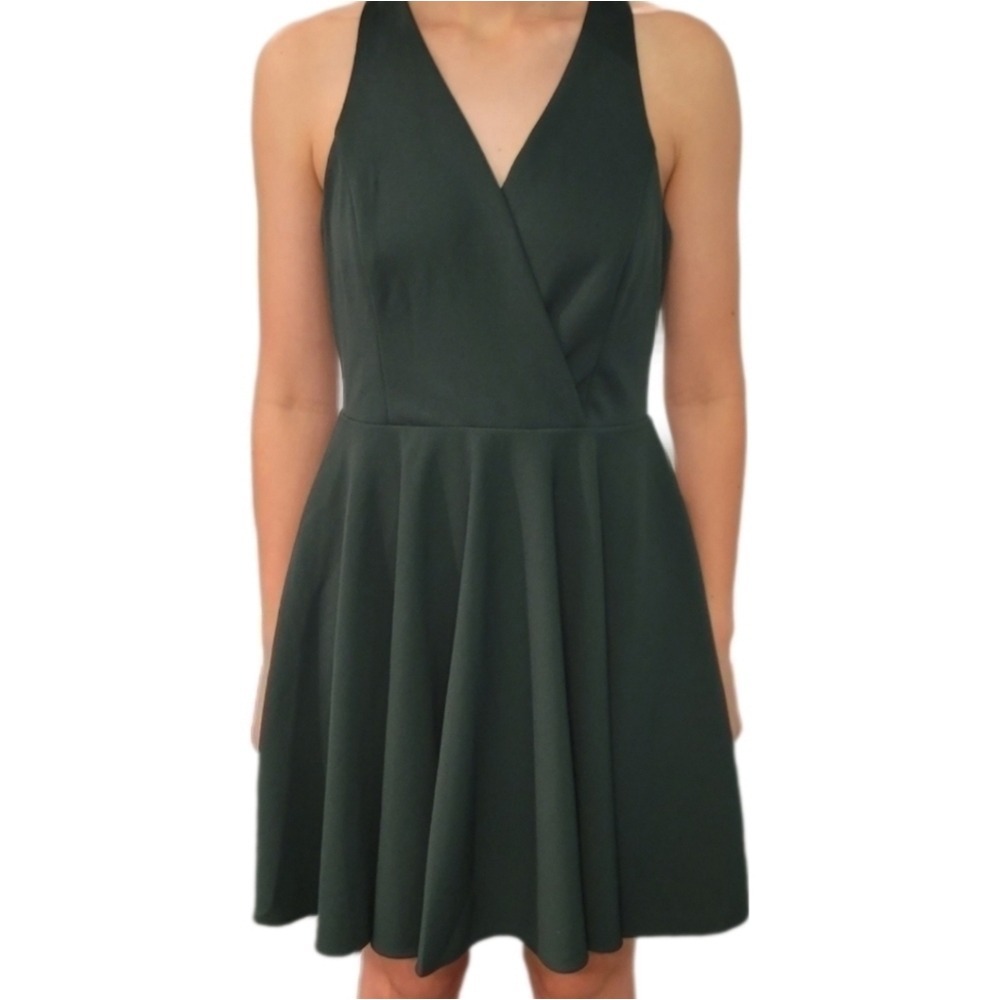 Lulus Dark Green Skater Dress‎ V-Neck Twisted Racerback Cutout Mini Size Large